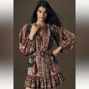 FARM Rio Floral Ribbon-Print Mini Dress in Olive and Dusty Rose